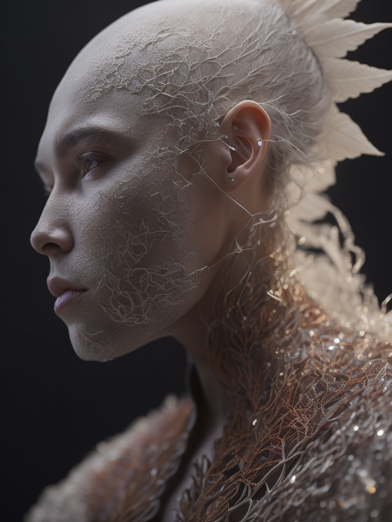 Complex 3d render ultra detailed of a beautiful profile angel, biomechanical cyborg, analog, 150 mm lens, beautiful natural soft rim light, big leaves and stems, roots, fine foliage lace, colorful details, samourai, boris bidjan saberi outfit, pearl earring, piercing, art nouveau fashion embroidered, intricate details, mesh wire, mandelbrot fractal, anatomical, facial muscles, cable wires, microchip, badass, hyper realistic, ultra detailed, octane render, volumetric lighting, red and white with a bit of black, detailled metalic bones, semi human, iridescent colors, glenn brown style, black background
