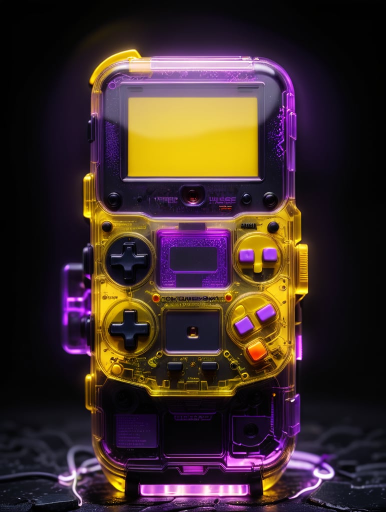 3d render retro tiny cute yellow game boy translucent plastic case, neon light, purple background