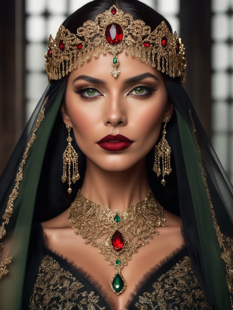 Deeply tanned woman with green eyes and full, red lips wearing a black veil and an ornate gold metal and diamond headpiece and necklace in a dark, moody setting wearing a red, deep v-neck dress