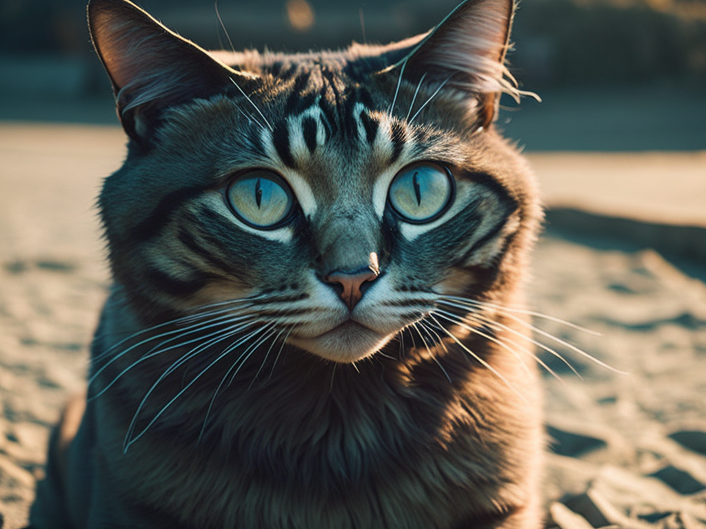 Cool cat hanging at the beach in sunglasses. Summer kitty by the sea. Sunbathing pet in shades. top