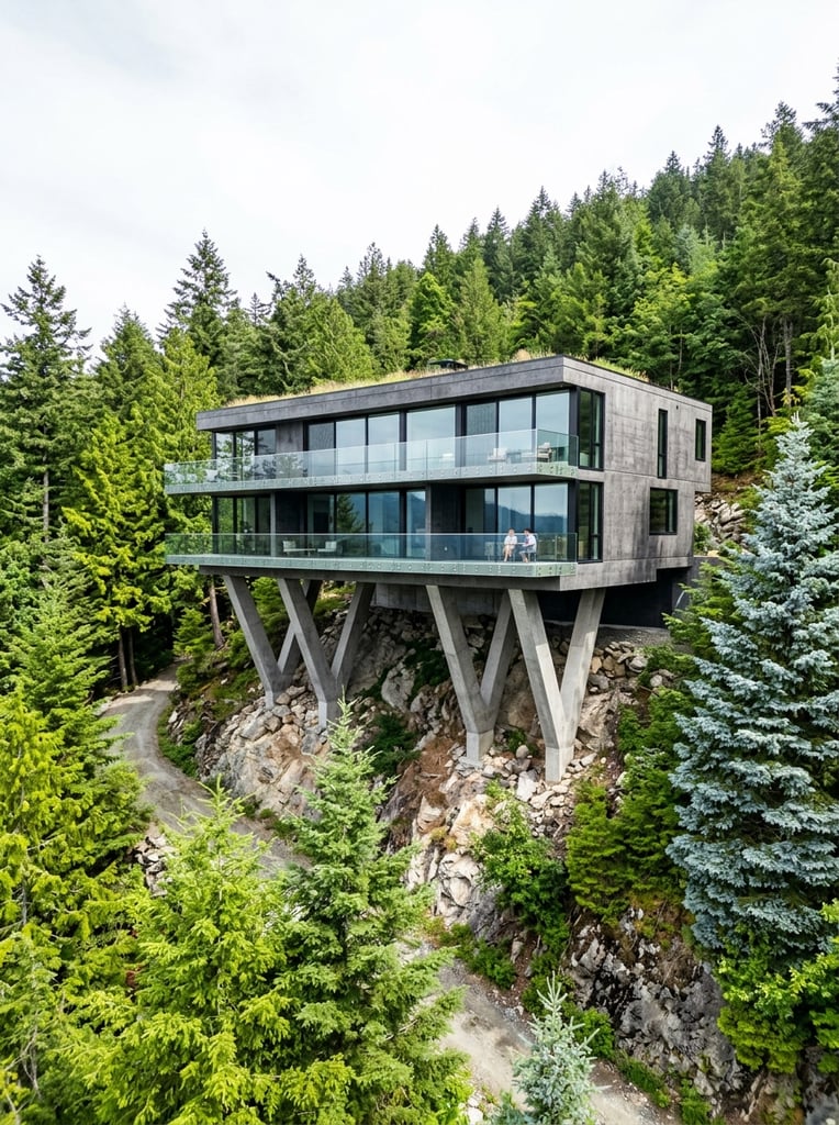A sleek modern concrete house rests on a steep hillside, elevated by geometric V-shaped pillars. The rectangular structure features a flat roof, floor-to-ceiling glass windows, and a transparent balcony railing. A dense forest of bright green and silvery-blue evergreen trees completely surrounds the architecture. Captured in a photorealistic architectural rendering style under bright diffused daylight, the slightly elevated wide-angle perspective highlights the bold contrast between brutalist geometry and the rugged natural terrain.
