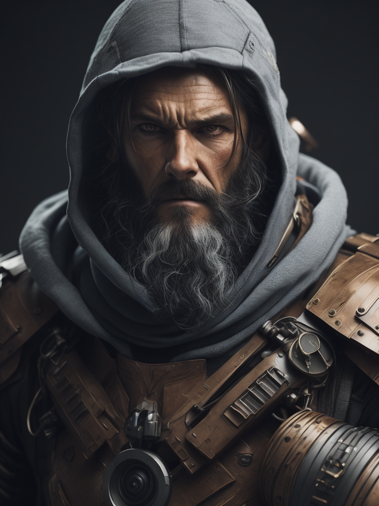 A grizzled veteran with a cybernetic arm and an eye patch, wearing battered armor made from salvaged metal that has been fused with living tissue. He carries a plasma rifle that fires bolts of bio-energy and a combat knife with a blade that shifts shape according to his mental commands. Dramatic biopunk close-up cinematic render by Oliver Wetter, Leiji Matsumoto, and Klaus Wittmann that evokes a sense of mystery and wonder. Produced in Cinema 4D