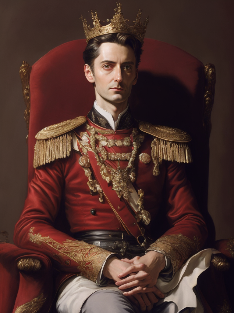 Oil portrait of miles edgeworth, intricate, elegant, highly detailed, lighting, painting, artstation, smooth, illustration, art by greg rutowski and alphonse mucha, david tennant king, david tennant with a crown sits on a throne, france, 1952 year