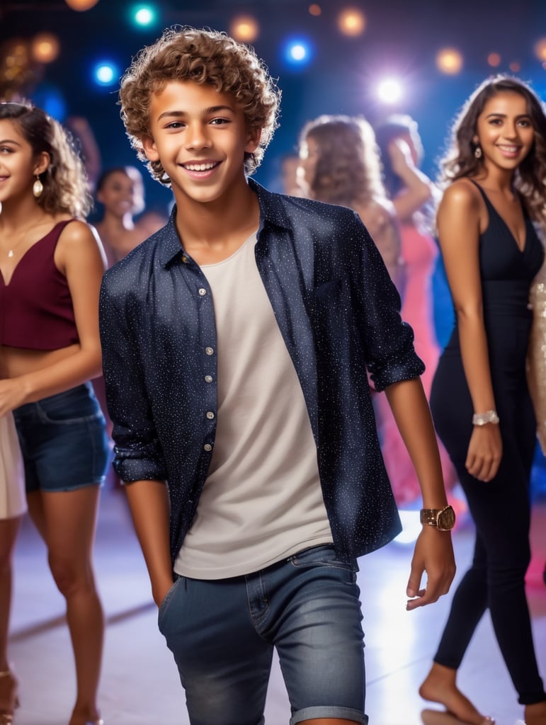 1 HD photoshoot of a teenage boy. His tan complexion contrasts with his short curly brown hair, and his eyes sparkle with enthusiasm. full body frame. Dancing in the party