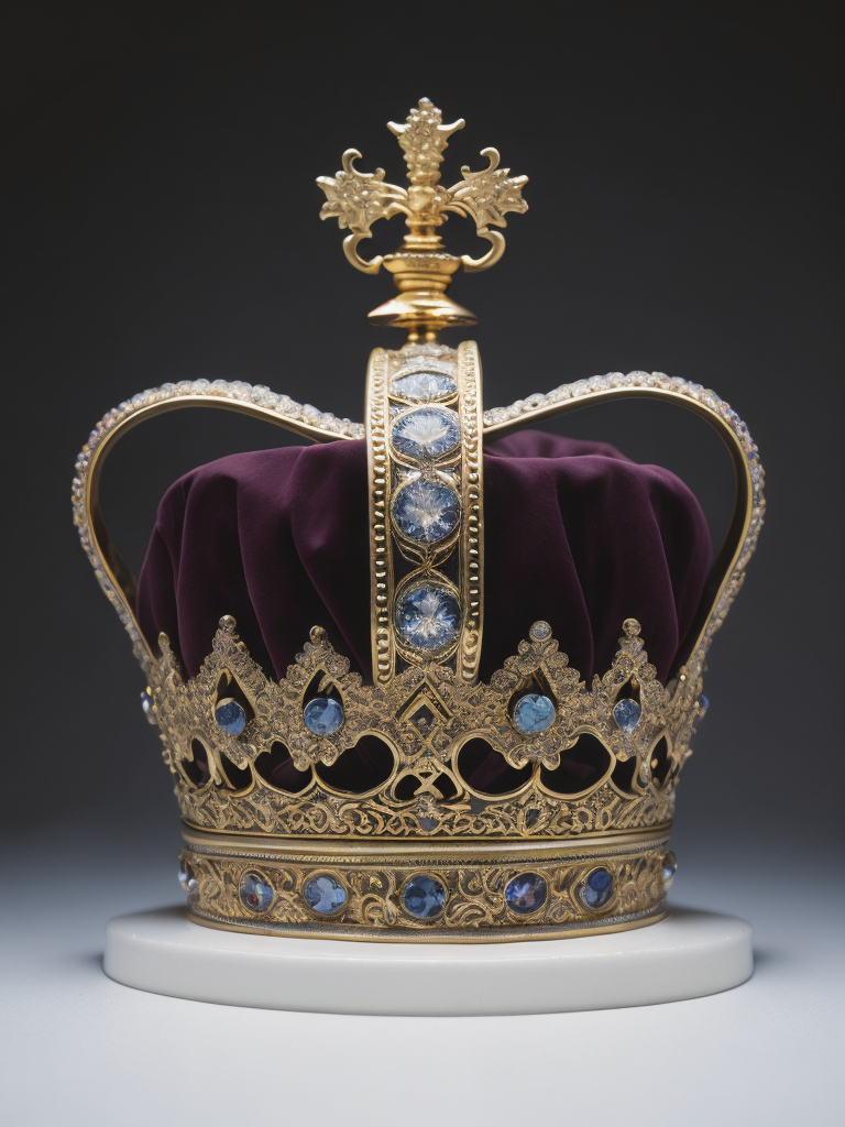 St. Edward’s Gold Crown adorned with gems, Black gradient background, Incredibly high detail, deep & bright colors, contrast light