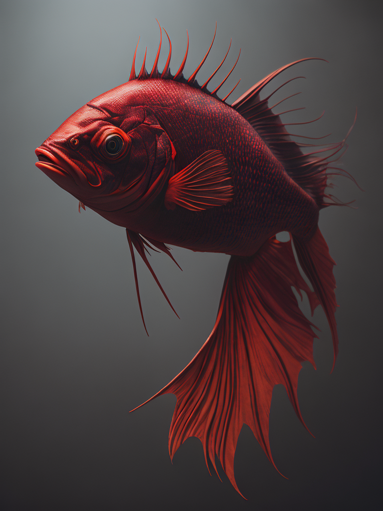 Demonic red fish with red horns, painting in the style of norman rockwell, hyper realistic, photorealistic, highly detailed