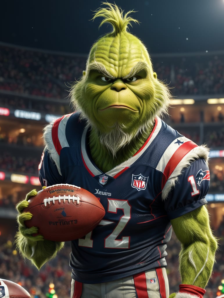 grinch wearing the patriots jersey holding a football with Christmas background