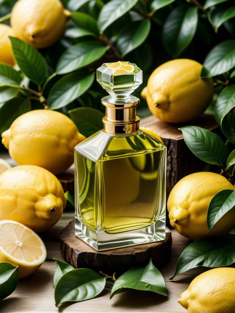 professional photography of a luxury perfume, lemon fruits around, lemon forest, green satin scarf, no label, clear, mockup