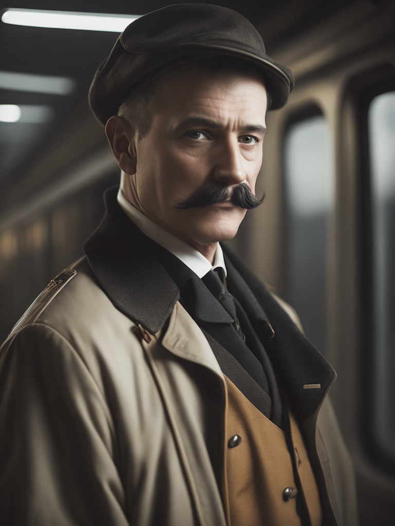 Retrato de un operador ferroviario ingles de 1900, con bigotes, serio, en un ambiente oscuro, vestidos con ropa de uniforme ferroviario.light atmosphere, sharp on details