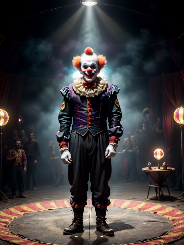 a cute clown in a circus ring, Full body, with cheerful features, not at all scary, juggling small balls