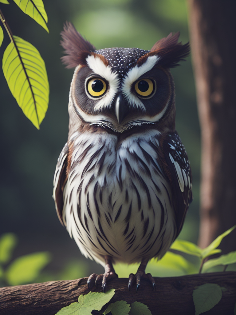 Happy cute owl cartoon character in old disney style in 2d, woods background, hdr, ray tracing, global illumination