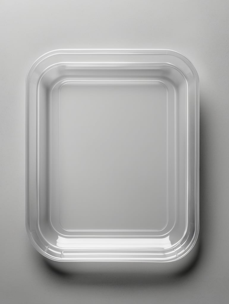 empty transparent plastic tray covered transparent plastic film top view, isolated, mockup