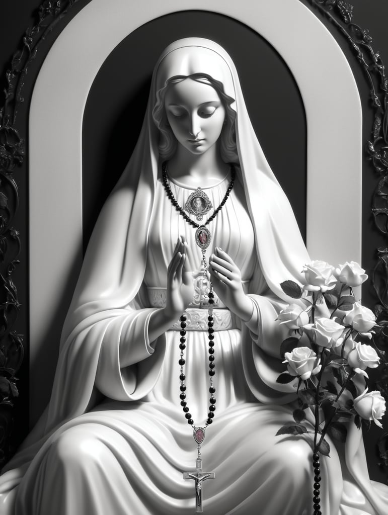 virgin mary holding a roseary with rose in background, black and white