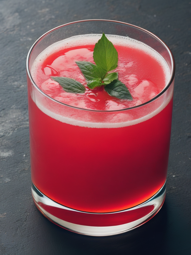 a glass of juice with green leaves on top