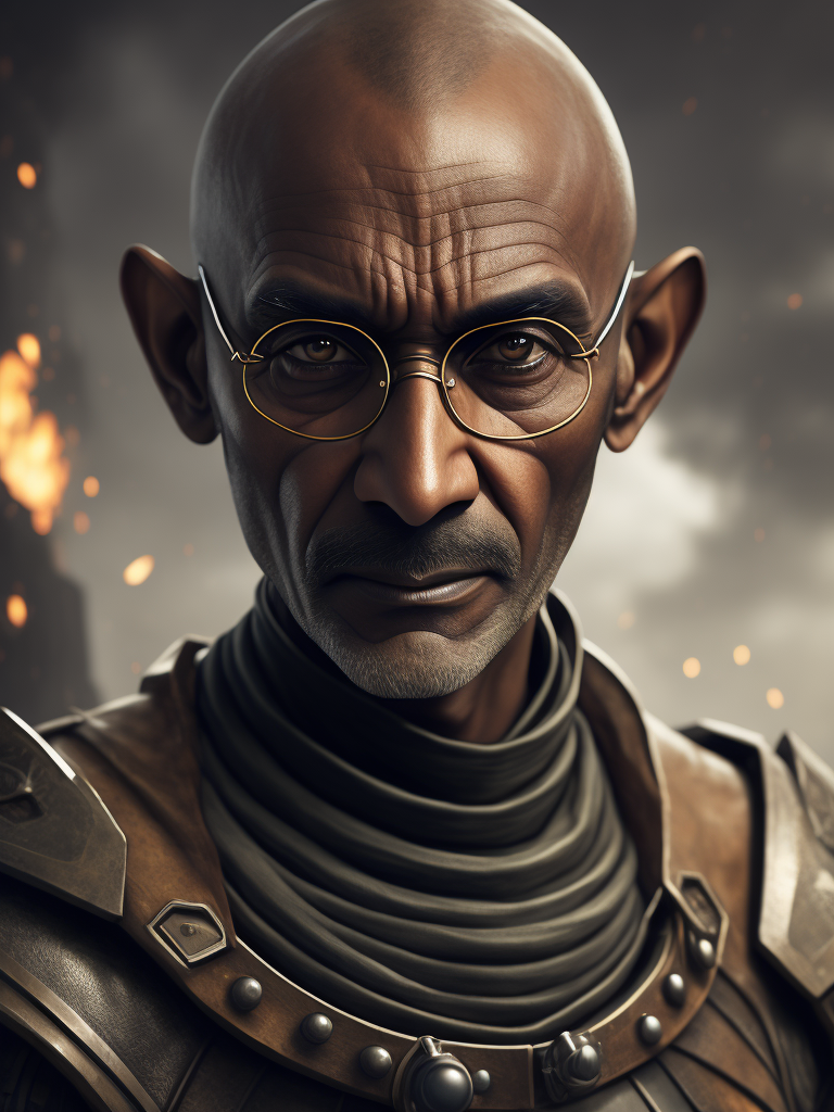 Gandhi as a futuristic medieval warrior ready for the combat