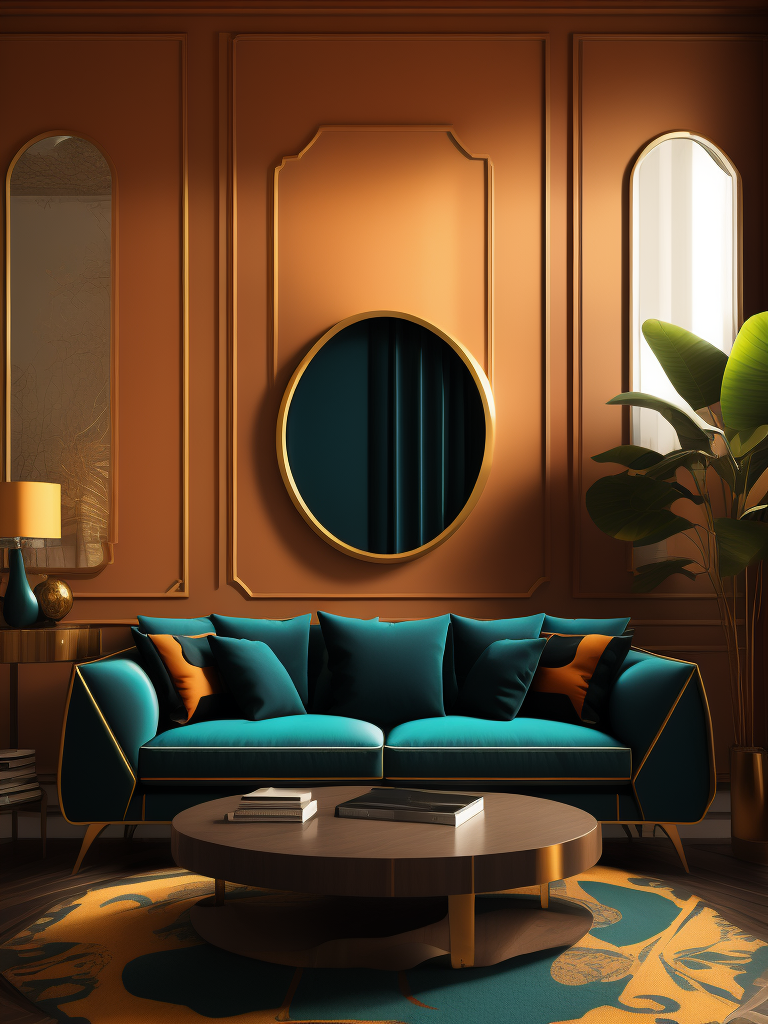 The colorful living room features a colorful sofa in the style of curved mirrors, bold, cartoonish lines, neoclassical style, Filip hondas, moody color schemes, postmodern bricolage, sculptural aesthetics, dark cyan, and light amber