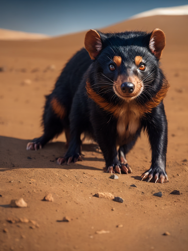A tasmanian devil in astronaut costume on the ground of the planet mars