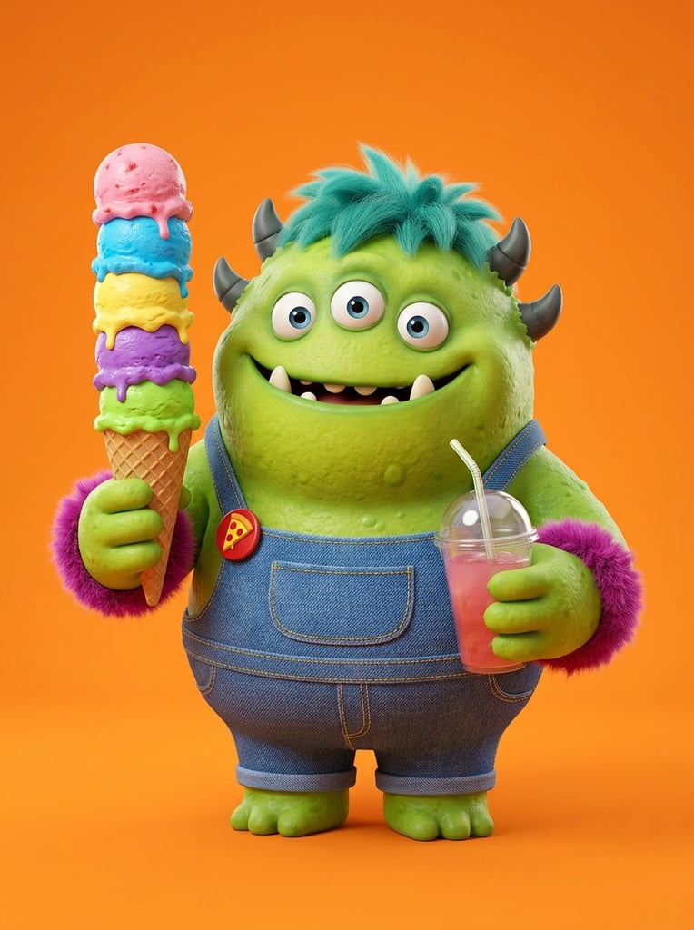 A rotund, lime-green monster stands against a seamless bright orange background. The 3D-rendered creature features three blue eyes, four small horns, a wide toothy smile with lower fangs, teal hair, and glossy, bumpy skin. It wears textured blue denim overalls decorated with a pizza slice pin and fluffy magenta wrist cuffs. The right hand balances a towering waffle cone stacked with five vibrant, multi-colored ice cream scoops. The left hand grasps a plastic cup with a dome lid, a straw, and a pink beverage. Bright studio lighting highlights the highly saturated color palette, playful proportions, and intricate material finishes.