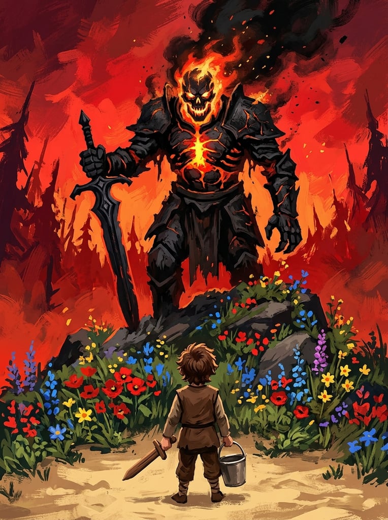 towering charred-black entity with a glowing skull visage and molten core, thick smoke billowing from its crown, grasping a long dark sword, standing atop a vivid mound of wildflowers and stones, looming over a small child seen from behind holding a wooden practice sword and metal bucket, pale sandy foreground, intense crimson background with jagged smoky forest silhouettes, bold painterly digital illustration, stark color contrast between the fiery red sky, the pitch-black figure, and lush floral pedestal