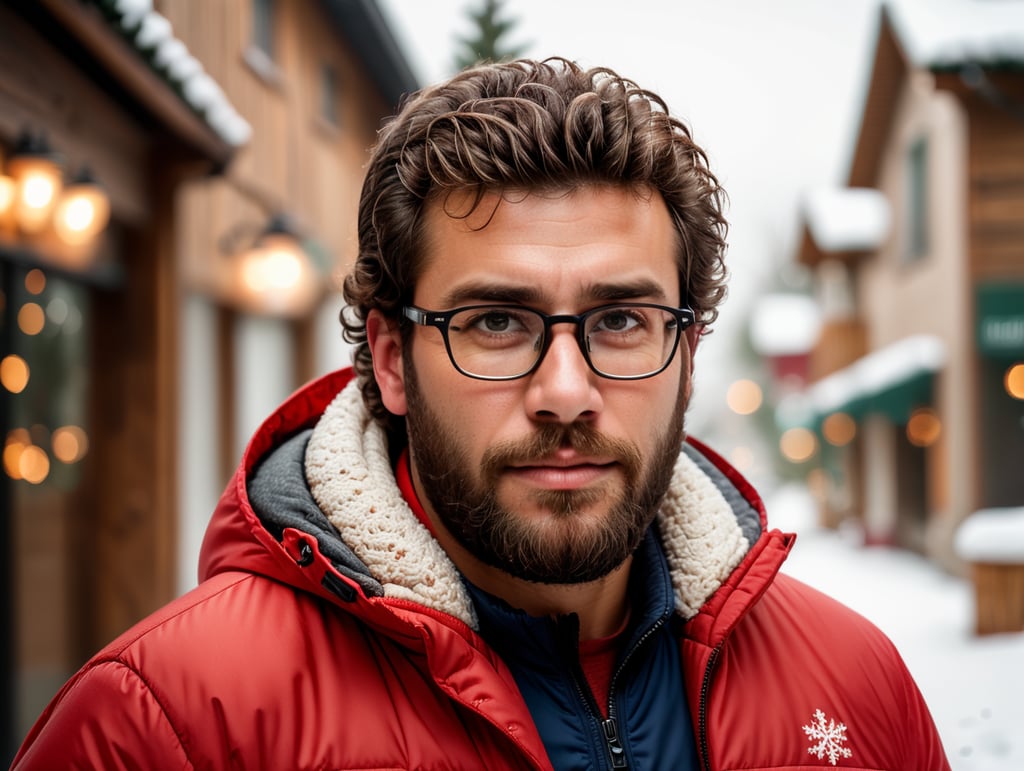 portrait of a bearded curly man wearing red puffer jacket, reeding glasses, stands front camera with gift box his hand, snowy weather, Christmas time, blurry background