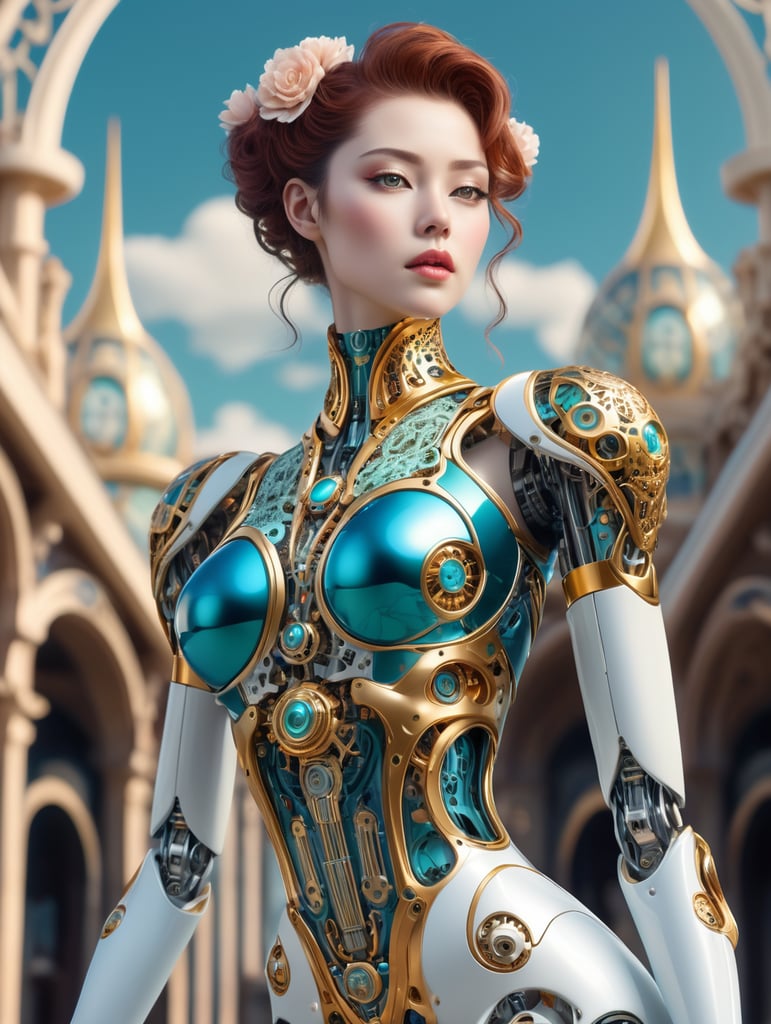 A female robot with an art Nouveau cyberpunk aesthetic, body is made from a delicate mechanical ornamental exterior reminiscent of a delicate gleaming porcelain and gold trimmed filigree should reveal a hollow see through body, hyper-surrealistic detailed 3d rendering digital art style, background galaxy sky