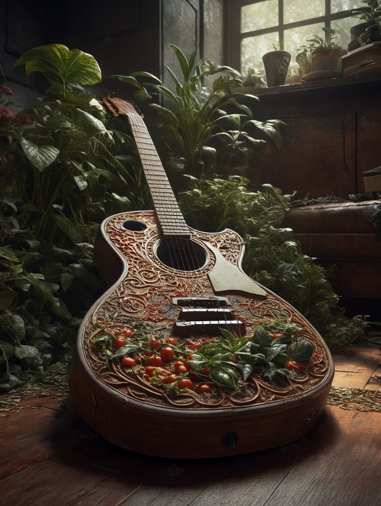 plants overtaking an old guitar, floor made of pizza