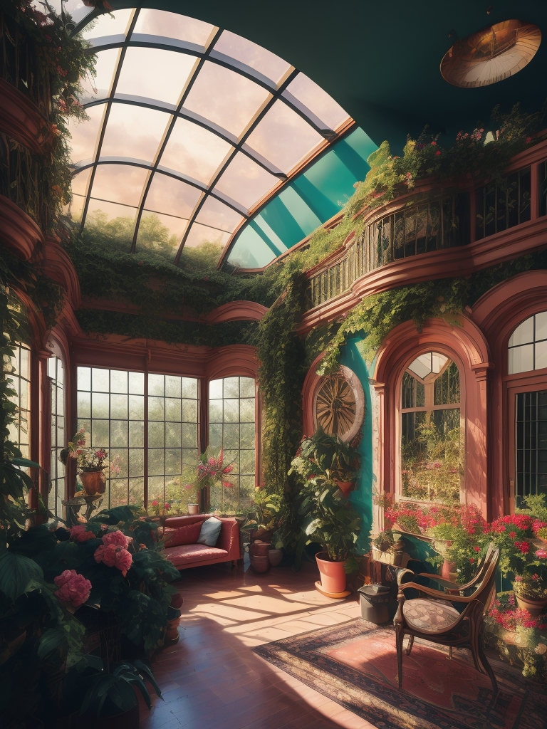 Architectural photo of a maximalist pink solar green house interior with lots of flowers and plants, golden light, hyperrealistic surrealism, award winning masterpiece with incredible details, epic stunning pink surrounding and round corners, big windows, art space, green house walls and celling