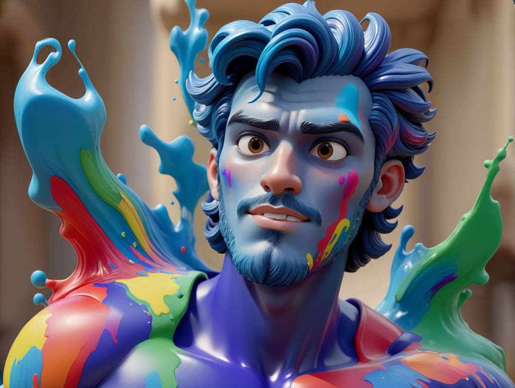 greek male bust with colorful paint, melted, the paint is flowing, aesthetic background