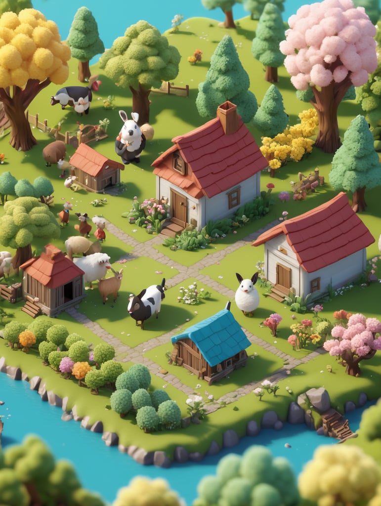 Detailed 3d farm island, fluffy trees, animals, working people, cute creatures, gathering place, flowers, game art style, 3d model, blender modeling, stylized, isometric, tinye style, cute, postcard style, miniatures