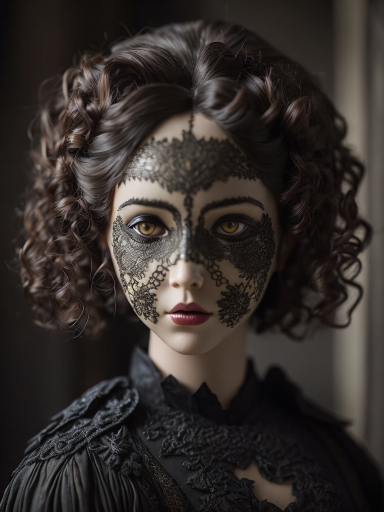 Quay Brothers style, Victorian porcelain doll's head, hair made of black mamba snakes, intricate black lace, muted colors, gothic horror, highly detailed