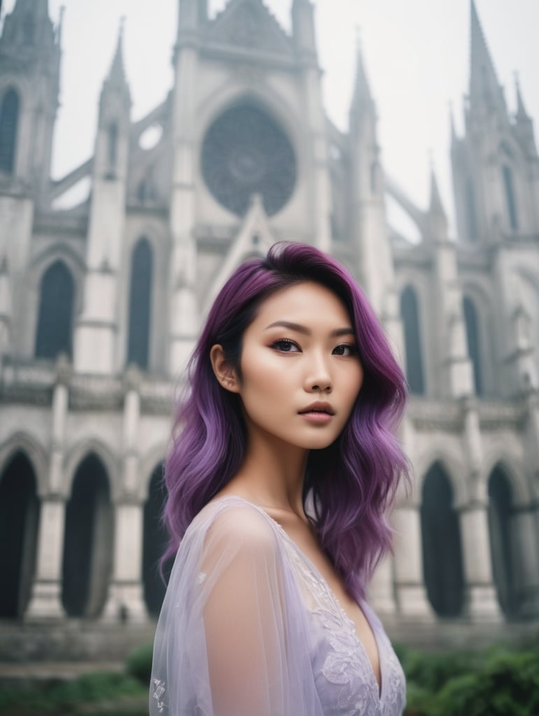 portrait of beautiful asian fashion model with vibrant purple hair, ethereal dreamy foggy, photoshoot by Annie Leibovitz, editorial Fashion Magazine photoshoot, fashion poses, in front of gothic cathedral architecture. Kinfolk Magazine. Film Grain. a soft smile
