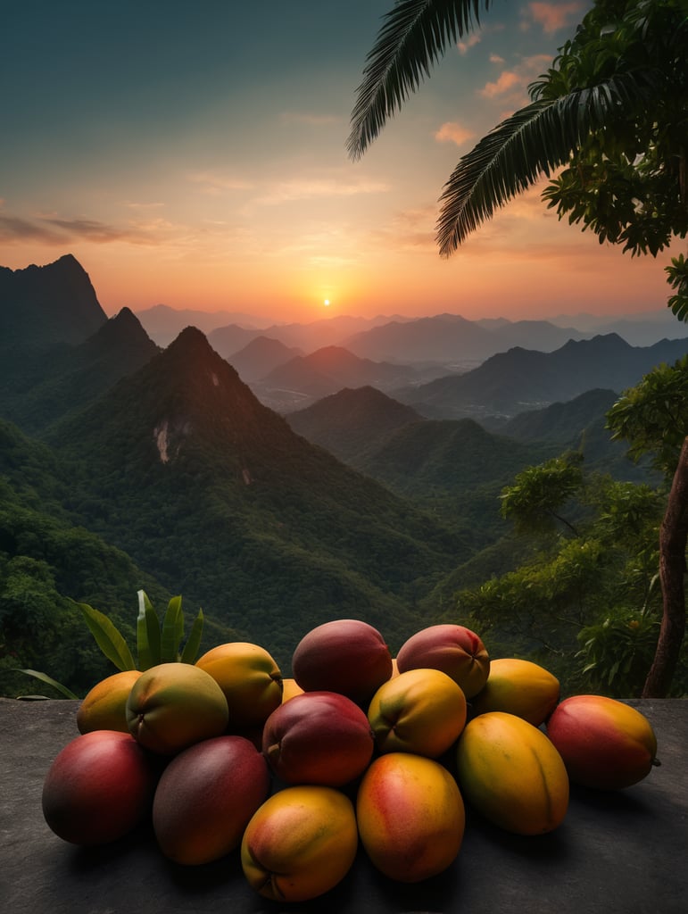 Couple of a Mango in a forest in front, unsharp background with sunset vibrant colors nature art scenic horizon mountain range skyline views artistic beauty colorful scenery nature photography sunset inspiration