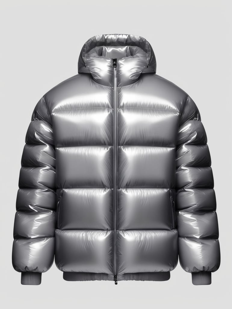 Inflatable white minimalist man's puffer jacket, transparent, isolated, grey background, mockup