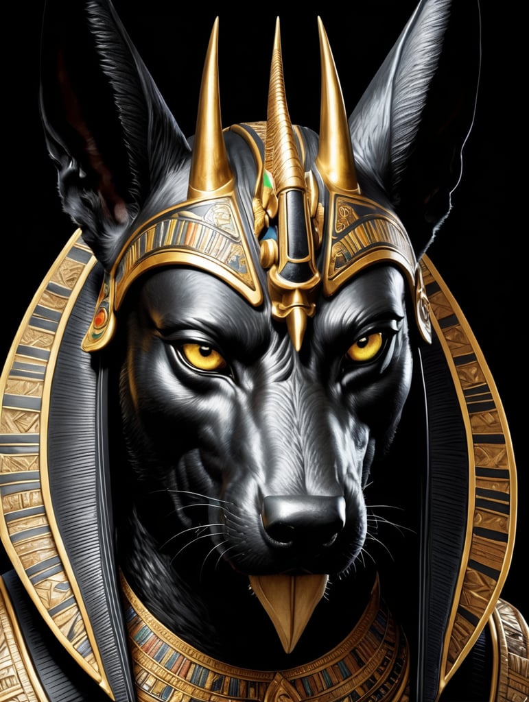 Egyptian god Anubis, portrait, hyper-realistic, dark style, focus on face, sharp on details, black background