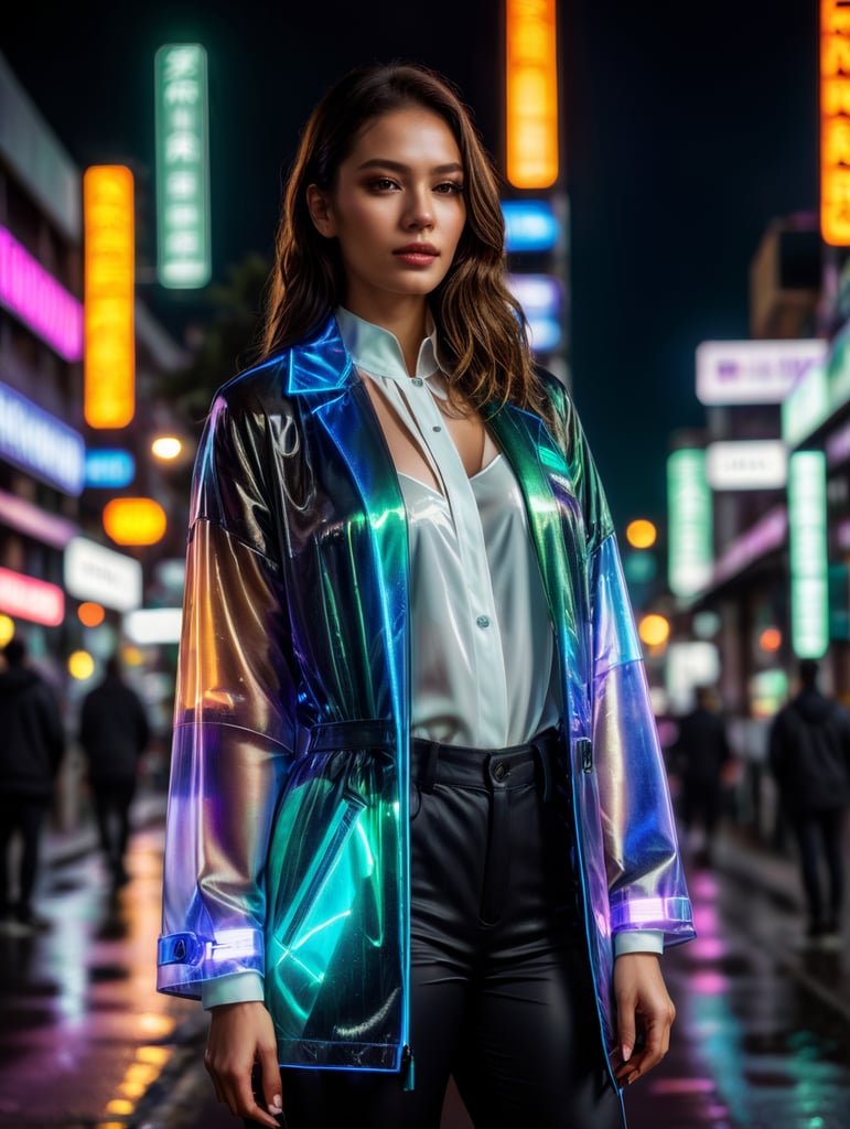 A women wearing translucent coat, standing on a street, neon cyber city, dark night, neon signs