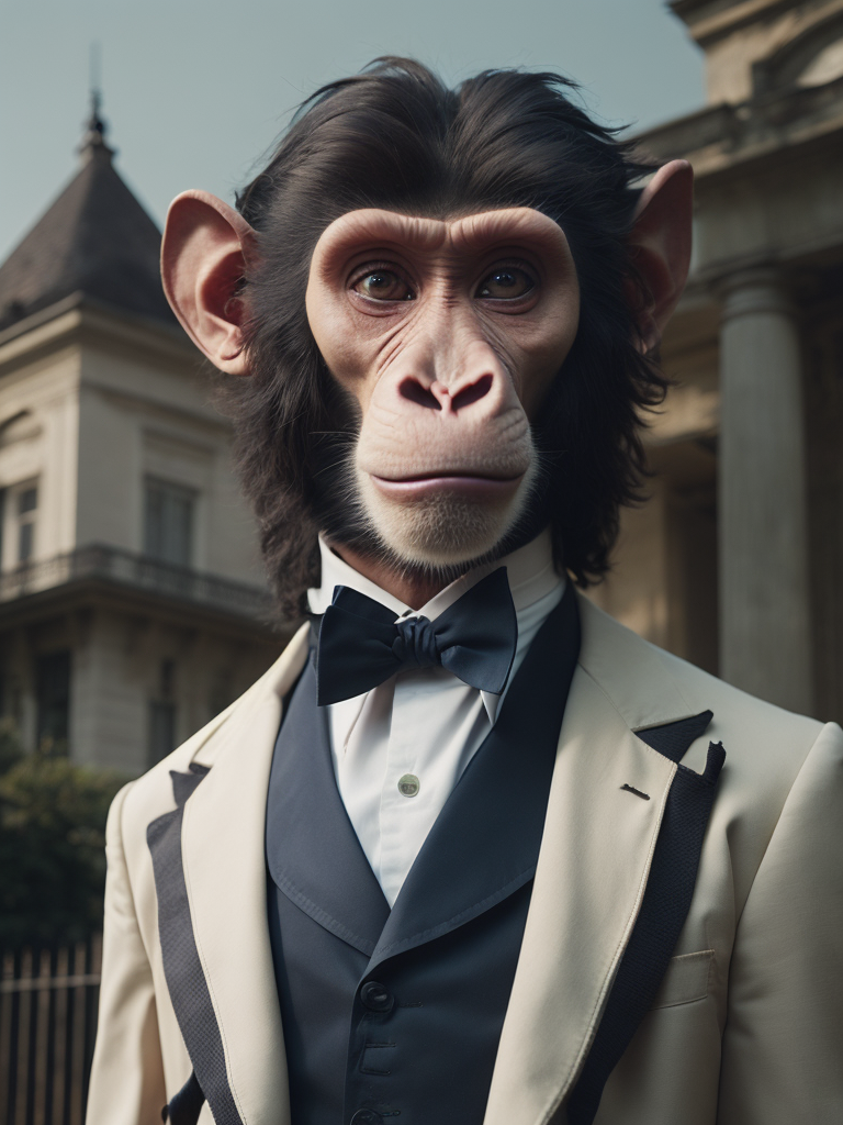 Portrait of a monkey wearing a white tuxedo with a victorian house on the far background