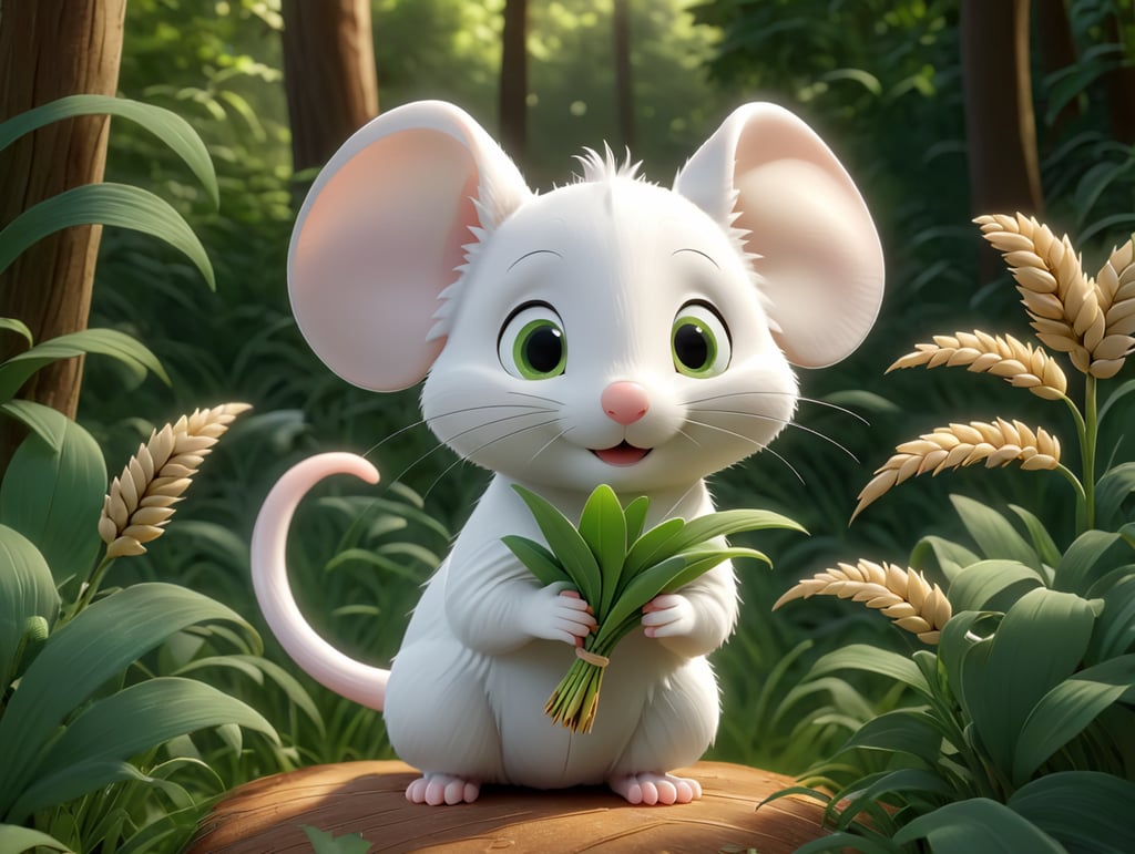 Cute white mouse holding a wheat spike in his hands in a green forest thick leaves lush trees nature scenery picturesque landscapes botanical beauty