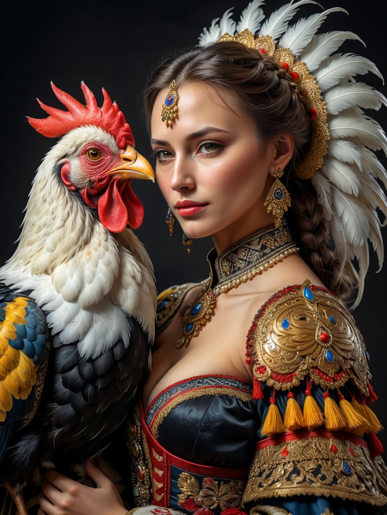 Portrait of a Beautiful women from Romanian fairytale wearing traditional costume hugging a Rooster