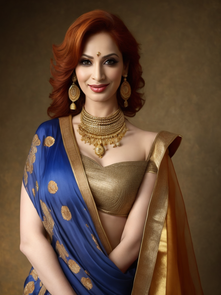 Young north indian girl in a saree, christina hendricks, massive downblouse, fit body, wearing saree, wearing kebama, vogue photoshoot, maxim photoshoot, ultra realistic, fair skin