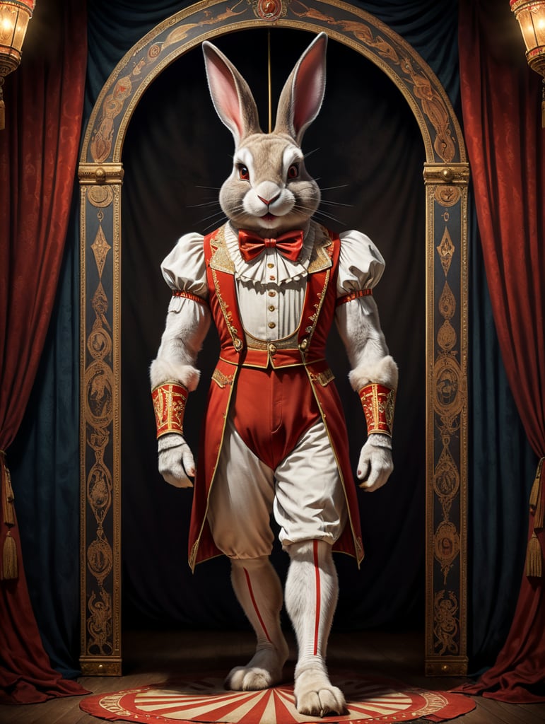 Vintage style circus sideshow poster of a full body anthropomorphic rabbit with the world’s longest ears