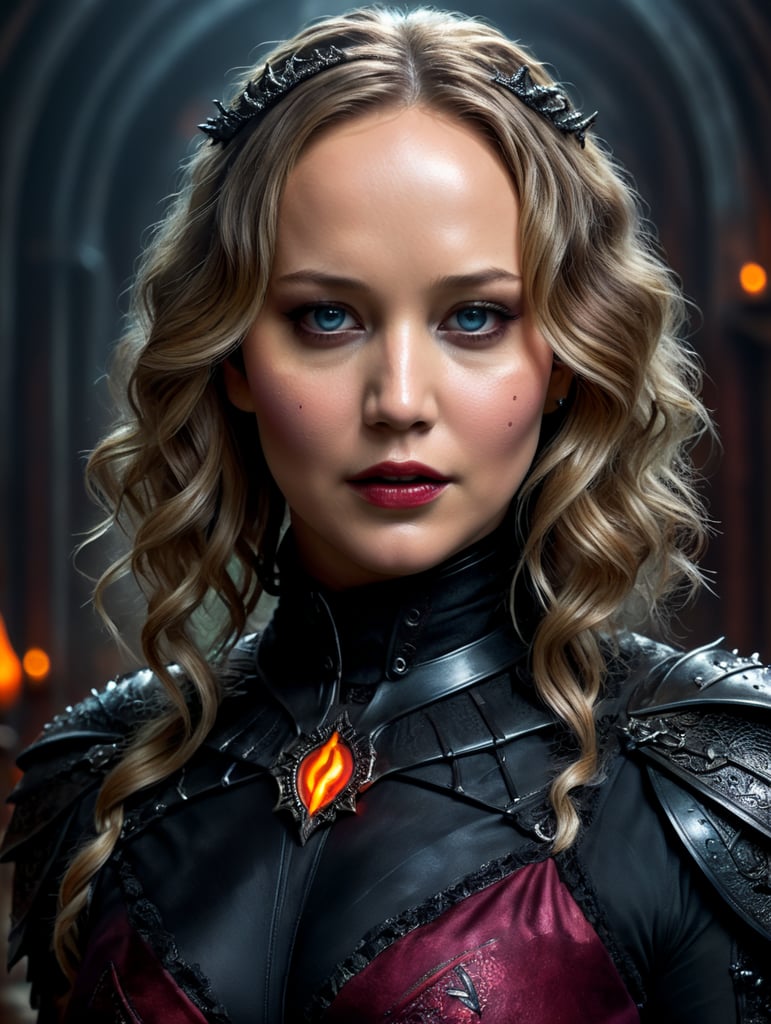 Portrait of Jennifer Lawrence as an evil character wearing a creepy and spooky Halloween costume, Vivid saturated colors, Contrasting color