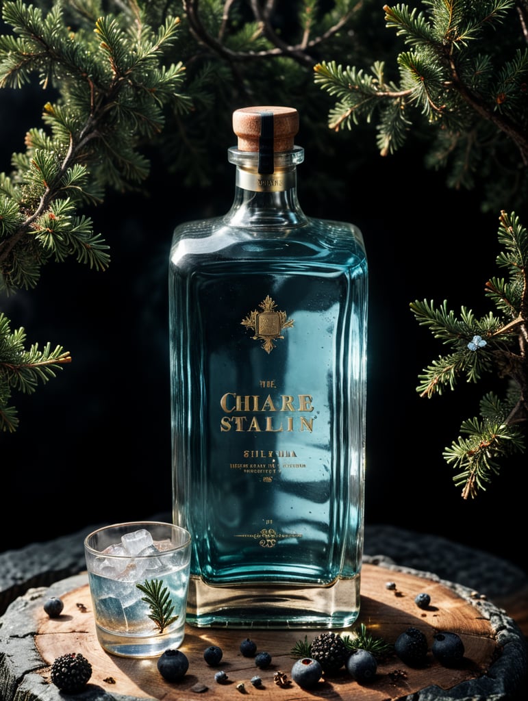 professional photography of a square gin bottle, square bottle, surrounding a juniper and juniper berries, one shot of tequila, salt, no label, clear, mockup