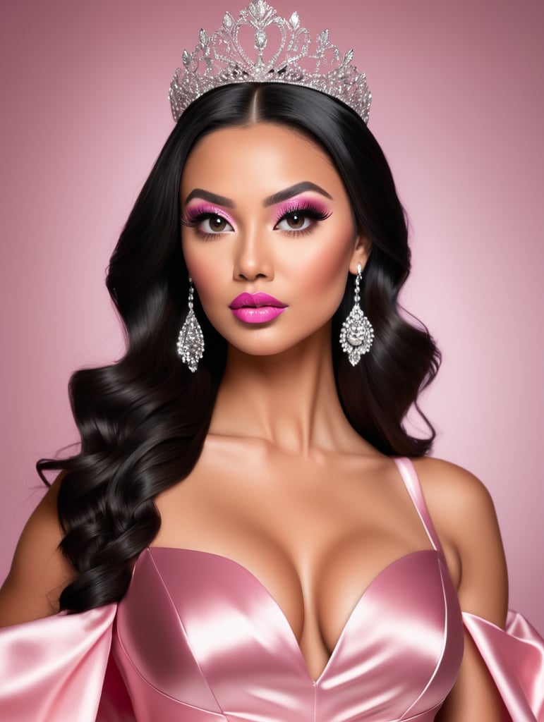 Low camera angle, beautiful olive skinned black haired woman in figure hugging shiny pink satin gown, wearing tiara, black patent louboutin stiletto heels, false lashes, contoured makeup, lip filler, being worshipped on throne. perfectly straight centre parted hair. haughty demeanour, staring down at camera.