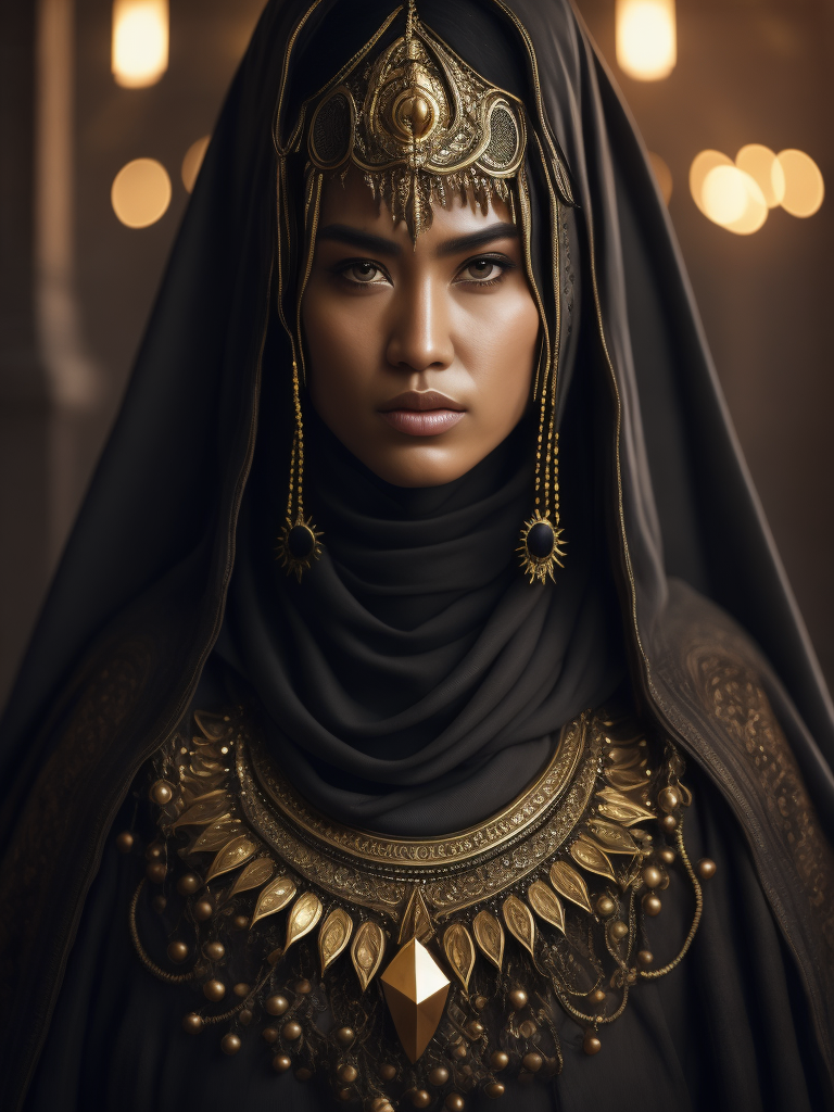 hyper-realistic, ultra-detailed photograph of indonesia white woman with arabic niqab fashion black cloak with many black bird fly in the back. Dark Renaissance ottoman throne kingdom background, photo realistic, golden jewelry, dark, sunlight fractal details, depth of field, HOF, hall of fame, detailed gorgeous face, apocalyptic environment, natural body posture, professional photographer, captured with professional DSLR camera, trending on Artstation, 64k, ultra-detailed, ultra-accurate detailed, bokeh lighting, surrealism