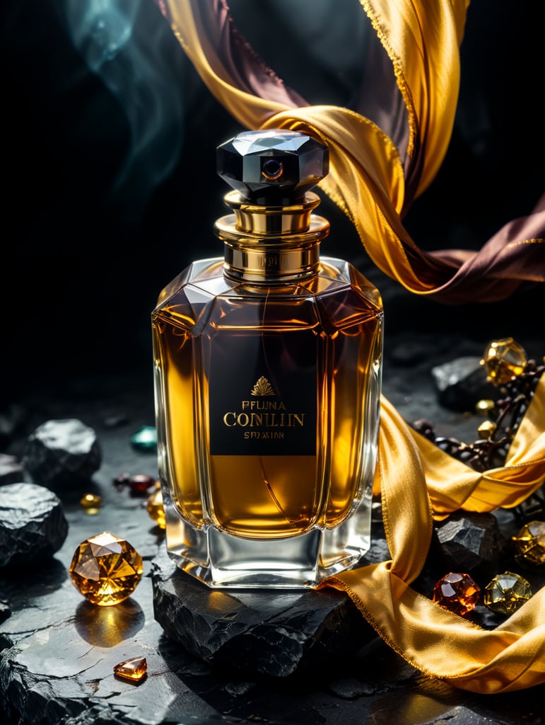 professional photography of a luxury perfume, surrounding an amber gems, yellow satin scarf background, no label, clear, mockup