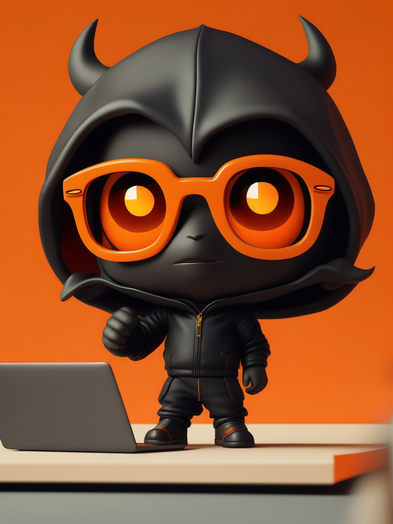 mascot monster typing laptop, a cute mascot character wearing black hoodie and glasses, orange color, funko pop, vibrant gradient background,