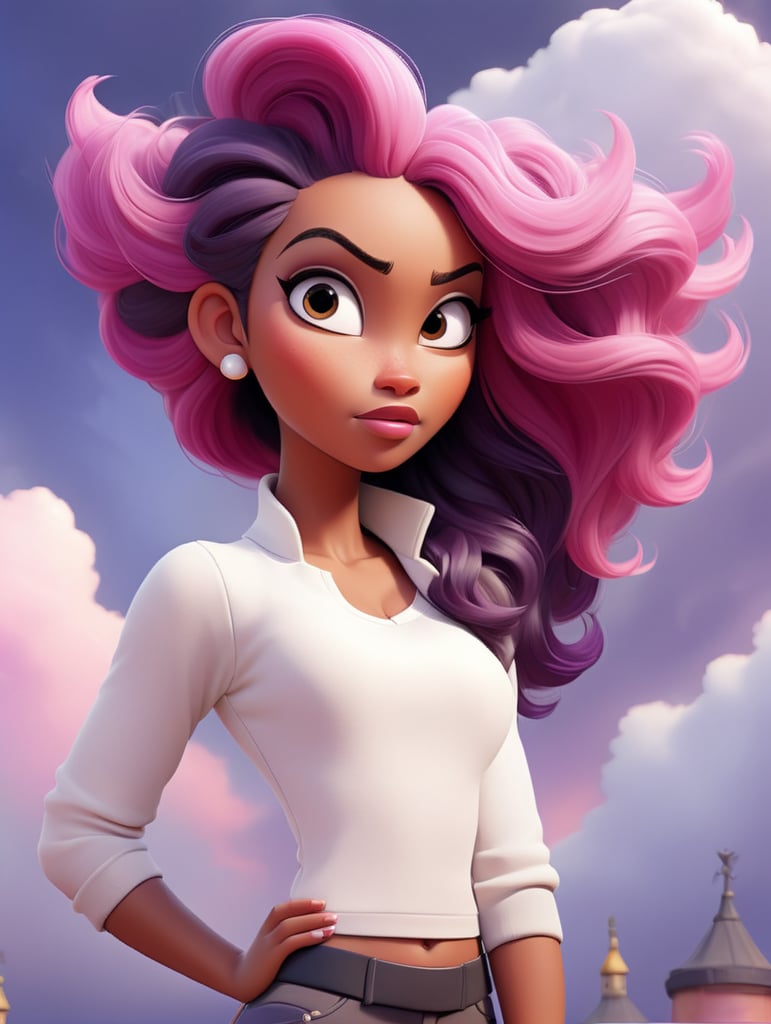 a woman with afro hair and a white shirt is standing in front of a purple sky with clouds and a pink hair, upperbody, midriff, Brom, flat colors, a character portrait, digital art, dark-skinned_female, dark_skin, navel_piercing, off_shoulder, pink_hair, purple_background, sky, long_hair