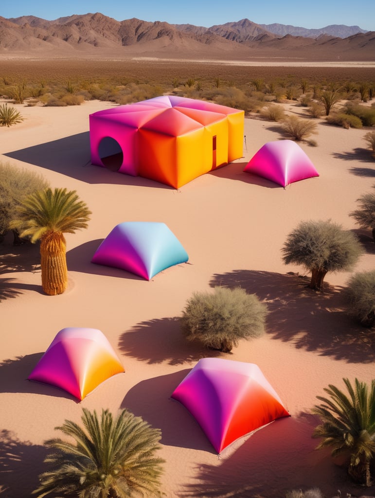 4 prismas inflables en medio del desierto inspirados en la arquitectura de Luis Barragán, con colores vibrantes y degradados.