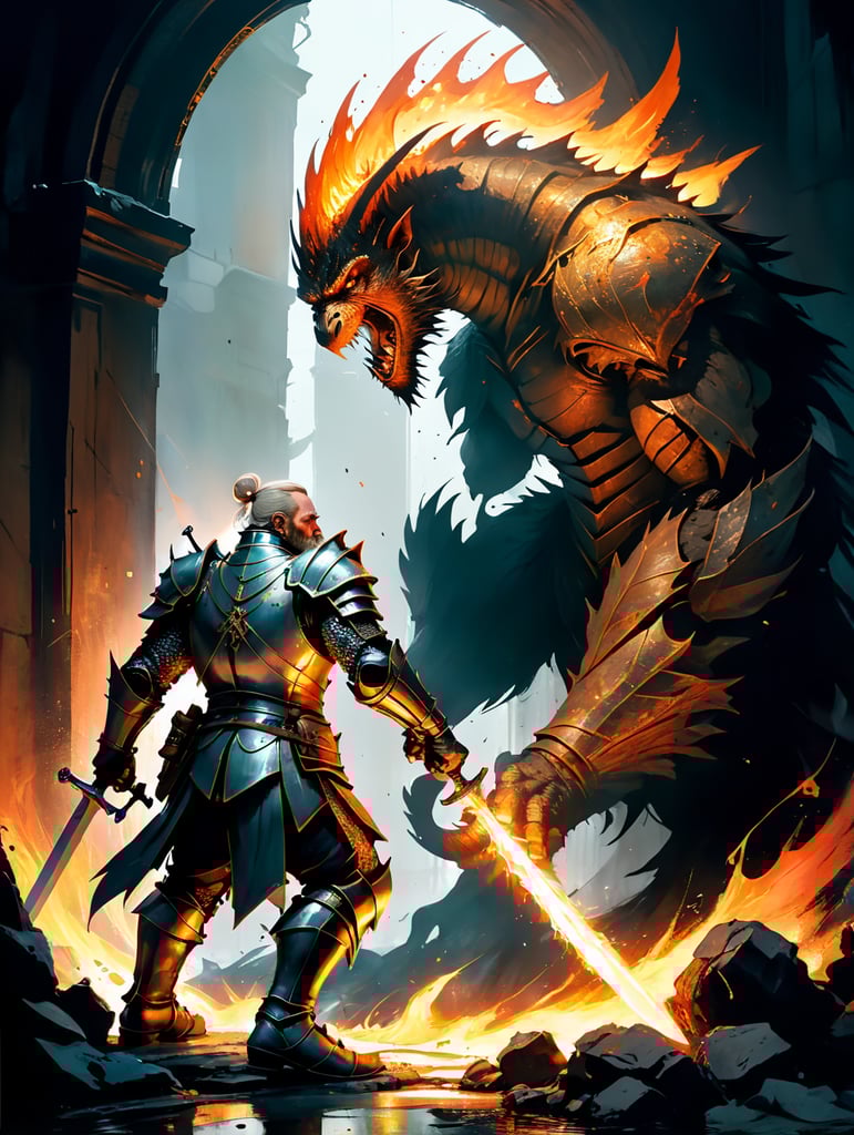 knight, dwarf, wizard and elf about to fight colossal flaming monster in dark dungeon