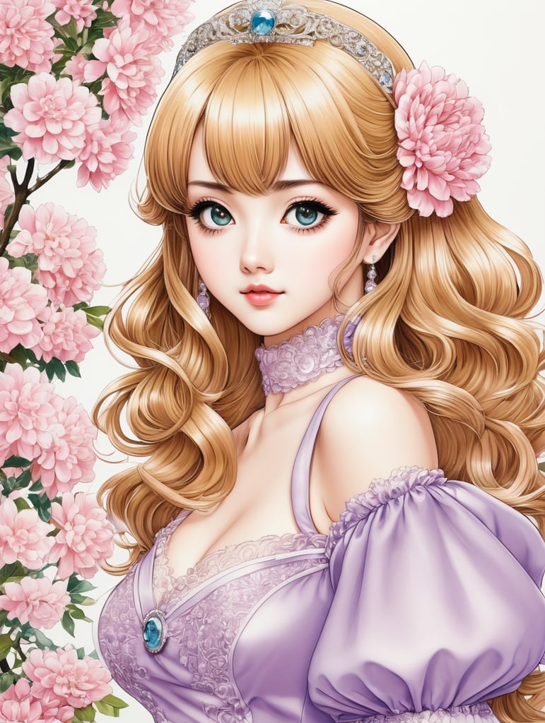 Coloring, clean lines, Japanese shojo manga 60's style, princess with long lashes and shiny big eyes Japanese shojo manga 60's illustration, full body, Macoto Takahashi style, Eiko Hanamura style, Suzue Miuchi style, colorful, Japanese style shojo manga, Line Art, ink, comics for girls, Versailles Rose, best quality, ultra detailed, elaborated